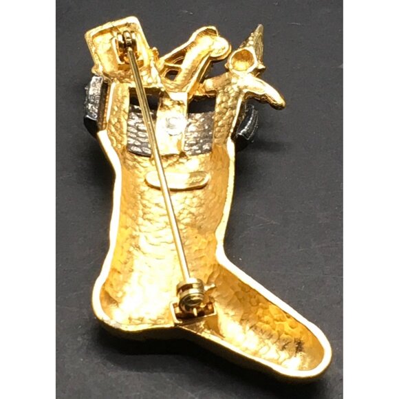 Darlene  Christmas Stocking Brooch Pin Gold Tone Marcasite - Picture 3 of 3